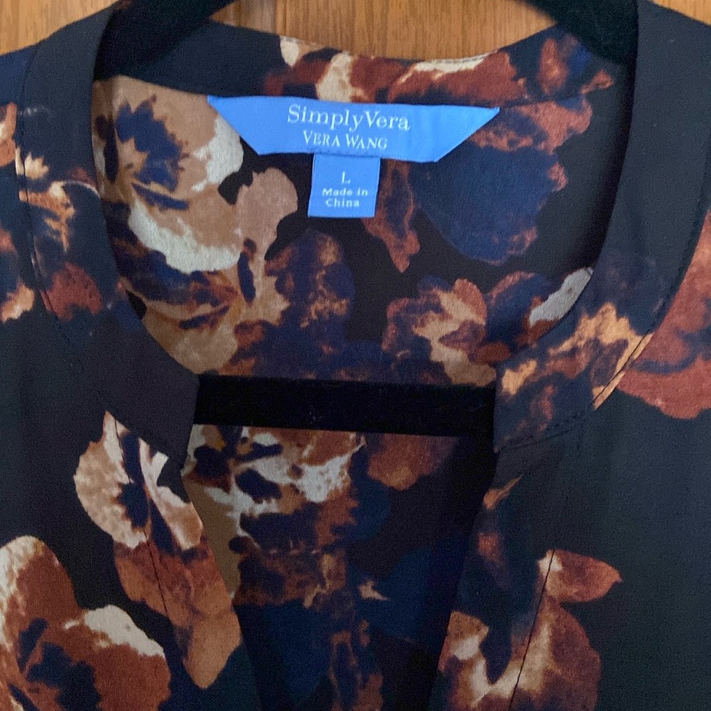 Simply Vera Vera Wang Asymmetrical Black and Brown Mandarin Collar Blouse Size L - Picture 3 of 10